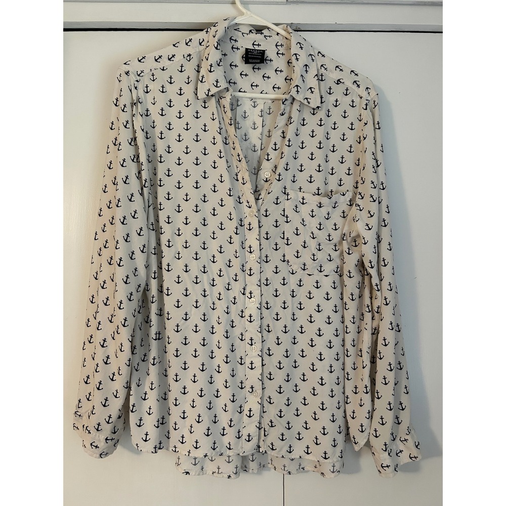 George Women XXL 20 Anchor Print Button Down Shirt White Navy Nautical Rayon